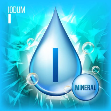 Ben Iodum vektör. Mineral mavi bırakma simgesi. Vitamini kapsül sıvı simgesi. Madde için güzellik, kozmetik, Heath Promo reklam tasarım. Kimyasal formülü ile 3D mineral kompleksi. İllüstrasyon