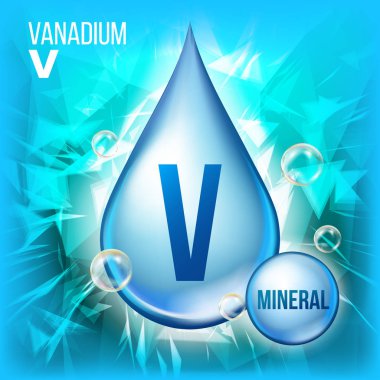 V Vanadyum vektör. Mineral mavi bırakma simgesi. Vitamin Sıvı Damlacık simgesine. Madde için güzellik, kozmetik, Heath Promo reklam tasarım. Kimyasal formülü ile 3D mineral kompleksi. İllüstrasyon