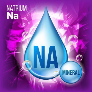 Na sodyum vektör. Mineral mavi bırakma simgesi. Vitamin Sıvı Damlacık simgesine. Madde için güzellik, kozmetik, Heath Promo reklam tasarım. Kimyasal formülü ile 3D mineral kompleksi. İllüstrasyon