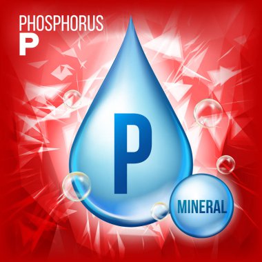 P fosfor vektör. Mineral mavi bırakma simgesi. Vitamin Sıvı Damlacık simgesine. Madde için güzellik, kozmetik, Heath Promo reklam tasarım. Kimyasal formülü ile 3D mineral kompleksi. İllüstrasyon