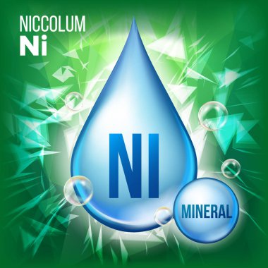 Ni Niccolum vektör. Mineral mavi bırakma simgesi. Vitamin Sıvı Damlacık simgesine. Madde için güzellik, kozmetik, Heath Promo reklam tasarım. Kimyasal formülü ile 3D mineral kompleksi. İllüstrasyon
