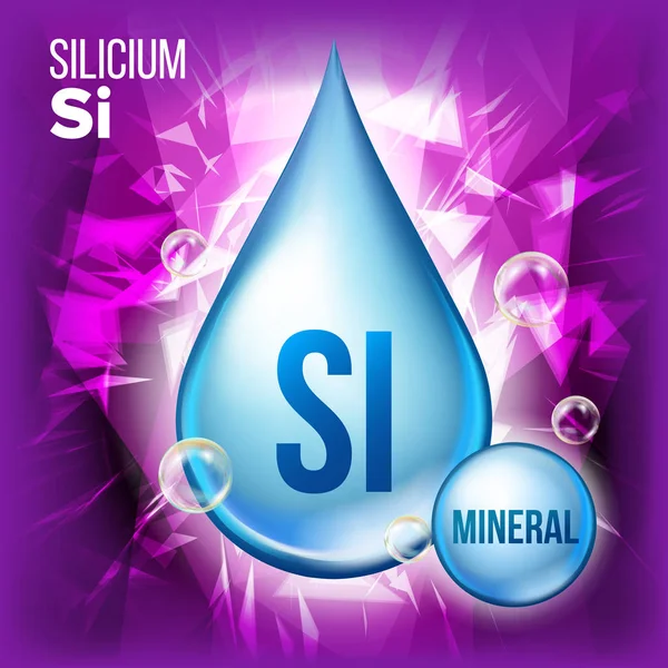 Si Silicium 벡터입니다. 미네랄 블루 드롭 아이콘입니다. 비타민 액체 작은 물방울 아이콘입니다. 미용, 화장품, 히스 프로 모션 광고 디자인에 대 한 물질이. 화학 공식으로 3d 미네랄 복잡입니다. 일러스트 레이 션 — 스톡 벡터
