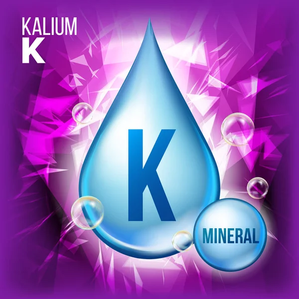 K Kalium Vector. Mineral Blue Drop Icon. Vitamin Liquid Droplet Icon. Substance For Beauty, Cosmetic, Heath Promo Ads Design. 3D Mineral Complex With Chemical Formula. Illustration — Stock Vector