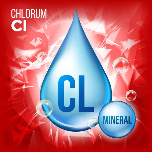 Cl Chlorum 벡터입니다. 미네랄 블루 드롭 아이콘입니다. 비타민 액체 작은 물방울 아이콘입니다. 미용, 화장품, 히스 프로 모션 광고 디자인에 대 한 물질이. 화학 공식으로 3d 미네랄 복잡입니다. 일러스트 레이 션 — 스톡 벡터