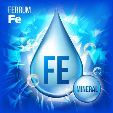 Fe Ferrum vektör. Mineral mavi bırakma simgesi. Vitamin Sıvı Damlacık simgesine. Madde için güzellik, kozmetik, Heath Promo reklam tasarım. Kimyasal formülü ile 3D mineral kompleksi. İllüstrasyon