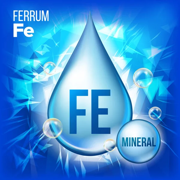 Fe Ferrum 벡터입니다. 미네랄 블루 드롭 아이콘입니다. 비타민 액체 작은 물방울 아이콘입니다. 미용, 화장품, 히스 프로 모션 광고 디자인에 대 한 물질이. 화학 공식으로 3d 미네랄 복잡입니다. 일러스트 레이 션 — 스톡 벡터