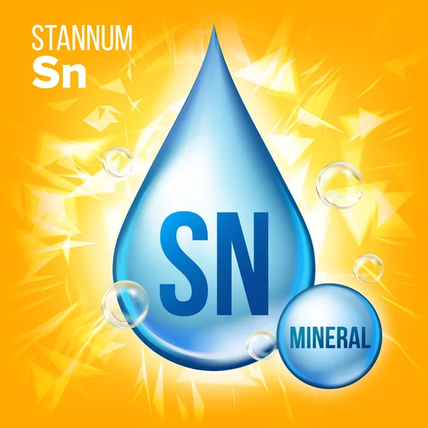Sn Stannum 벡터입니다. 미네랄 블루 드롭 아이콘입니다. 비타민 액체 작은 물방울 아이콘입니다. 미용, 화장품, 히스 프로 모션 광고 디자인에 대 한 물질이. 화학 공식으로 3d 미네랄 복잡입니다. 일러스트 레이 션 — 스톡 벡터