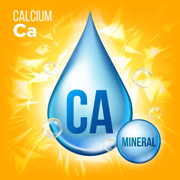 Ca Calcio Vector. Icono de gota azul mineral. Vitamin Liquid Droplet Icon. Sustancia para la belleza, cosmética, Salud Anuncios de promoción de diseño. Complejo mineral 3D con fórmula química. Ilustración — Vector de stock