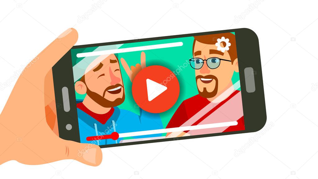 Watching Video On Smartphone Vector. Hand Holding Smartphone. Movie App Concept. Isolated Flat Illustration