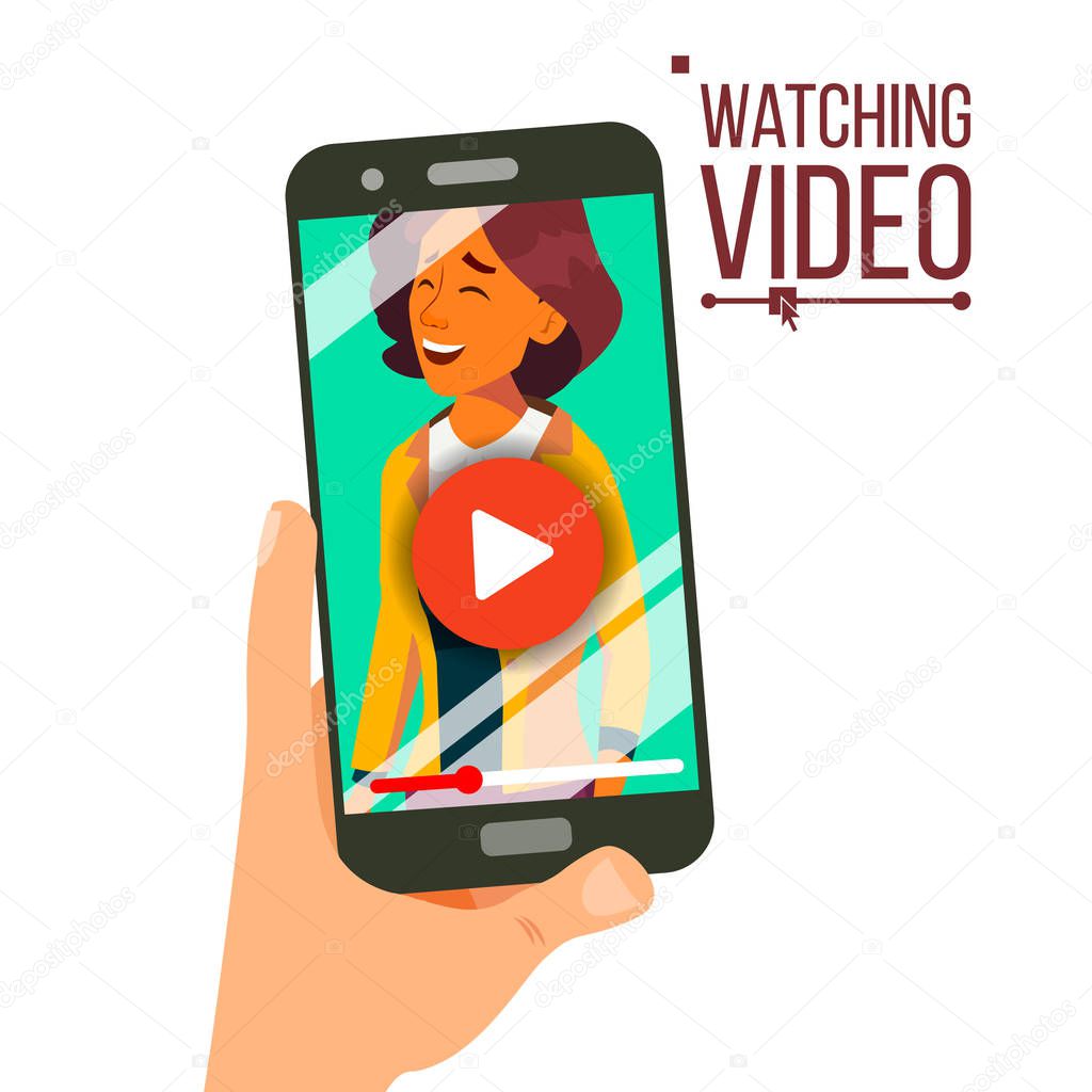 Watching Video On Smartphone Vector. Streaming Technologies. Adaptive Web Phone. Isolated Flat Illustration