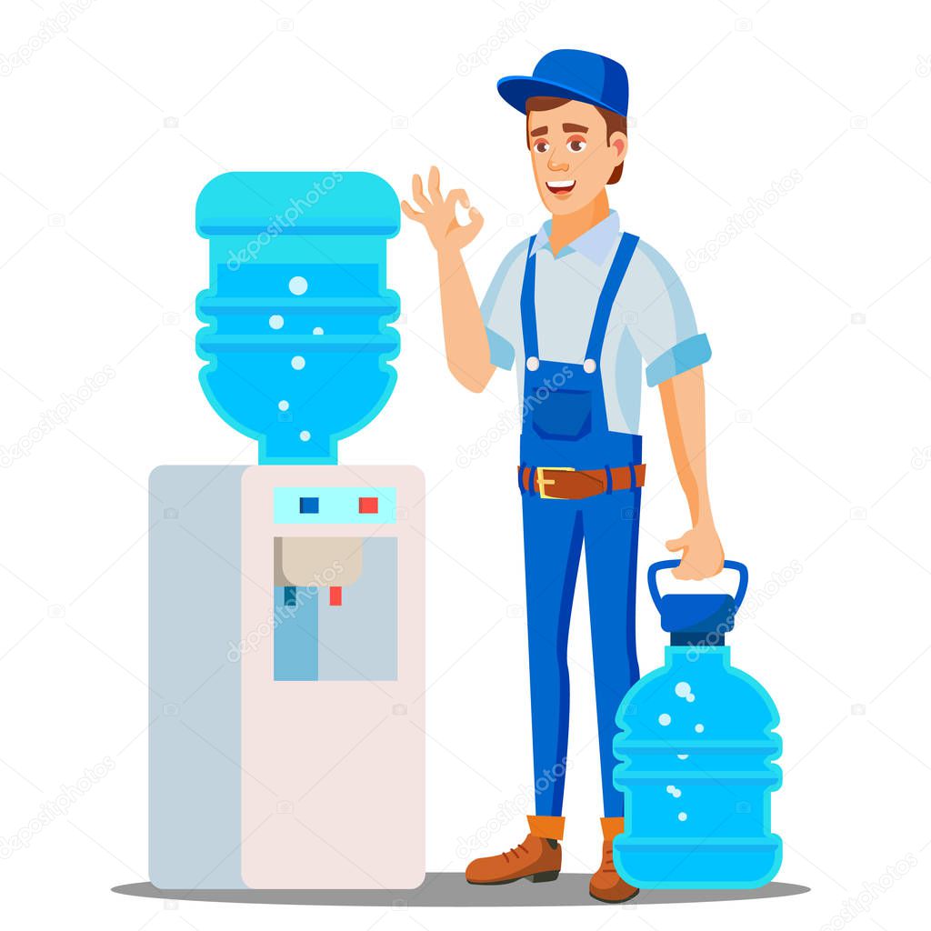 Water Delivery Service Man Vector. Drinking Clean Water. Bottled Water Shipment Worker. Isolated Flat Cartoon Illustration