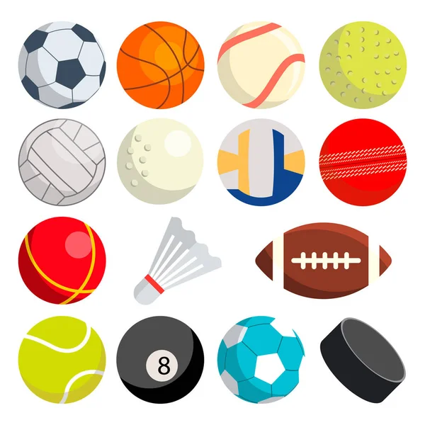 Sport bollar in vektor. Runda sportutrustning. Spelet klassiska bollar. Gaming ikoner. Fotboll, Rugby, Baseball, basket, Tennis, Puck, volleyboll. Isolerade Illustration — Stock vektor