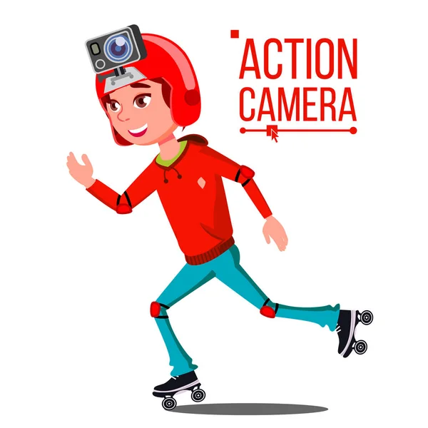 Dítě dívka s akční kamerou vektoru. Mladý holky. Červená helma. V procesu snímání. Aktivní druh odpočinku. Nahrávání videa. Izolované kreslený obrázek — Stockový vektor