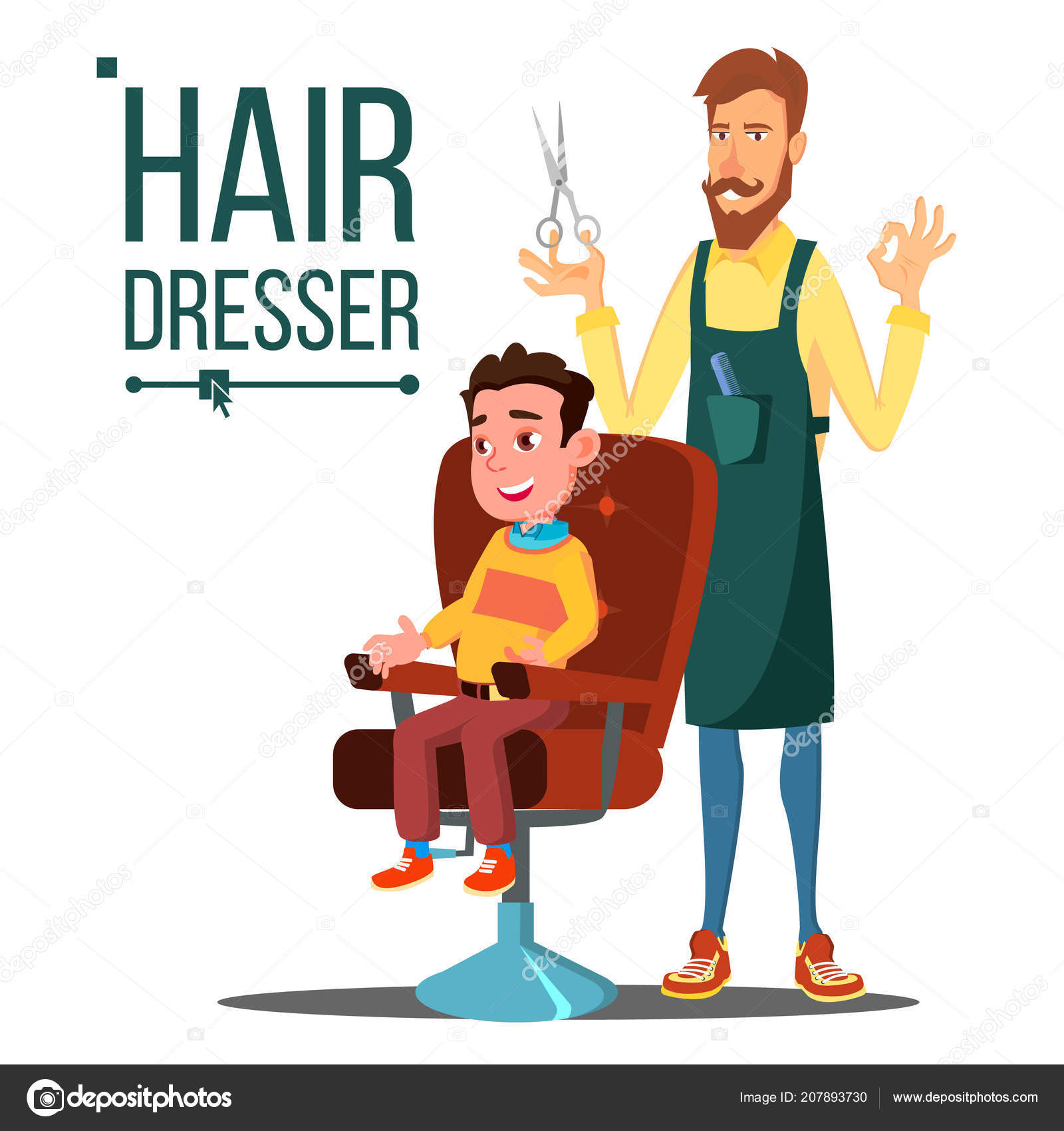 Hairdresser And Child Teen Vector Doing Client Haircut Barber