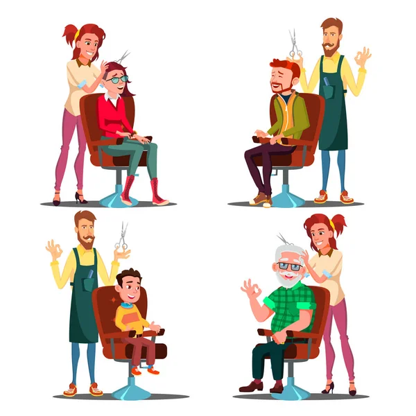 Hairdresser With Client Set Vector. Boy, Teen, Woman, Old Man. Professional Fashion Stilist. Service. Isolated Flat Cartoon Illustration — Stock Vector