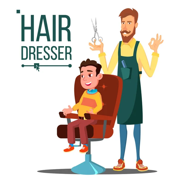 Peluquería y niño, Vector adolescente. Haciendo corte de pelo de cliente. Barber. Ilustración plana aislada de la historieta — Archivo Imágenes Vectoriales