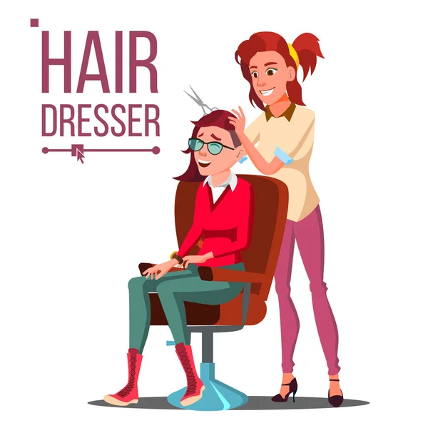 Hairdresser And Woman Vector. Beauty Salon. Hairbrush. Haircut. Styling. Isolated Flat Cartoon Illustration — Stock Vector