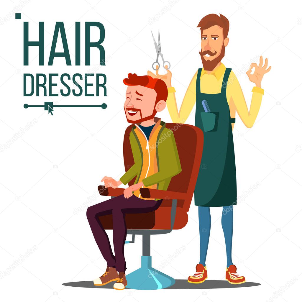 Hairdresser And Man Vector. Barber. Scissors. Stylist Barber. Hairdressers Salon. Hair Clipper. Isolated Flat Cartoon Illustration