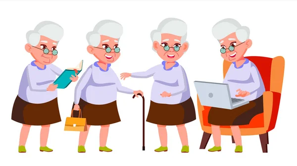 Old Woman Poses Set Vector. Elderly People. Senior Person. Aged. Active Grandparent. Joy. Presentation, Print, Invitation Design. Isolated Cartoon Illustration