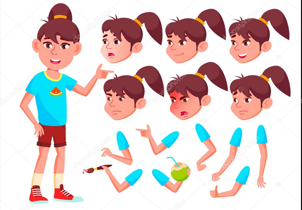 Girl, Child, Kid, Teen Vector. Beautiful. Youth, Caucasian. Face Emotions, Various Gestures. Animation Creation Set. Isolated Flat Cartoon Character Illustration