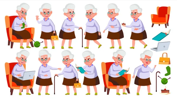 Old Woman Poses Set Vector. Elderly People. Senior Person. Aged. Friendly Grandparent. Banner, Flyer, Brochure Design. Isolated Cartoon Illustration — Stock Vector