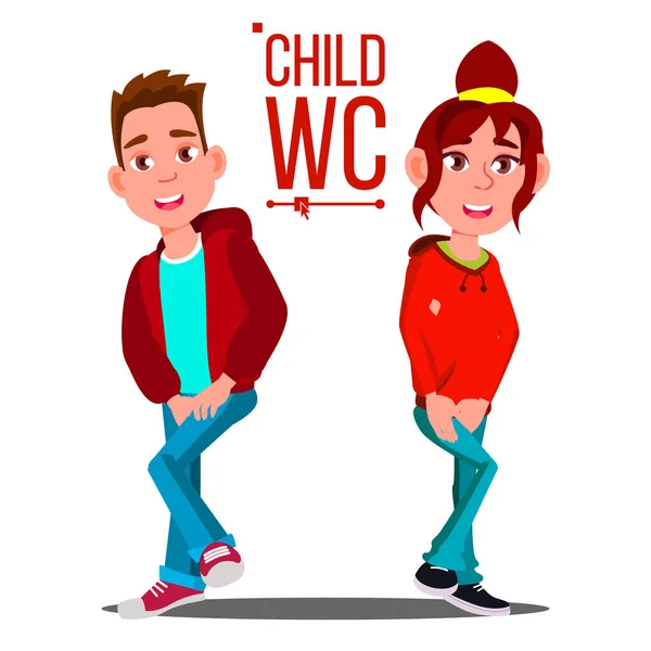 Child WC Sign Vector. Chico y chica. Icono del baño. Ilustración de dibujos animados aislados — Vector de stock