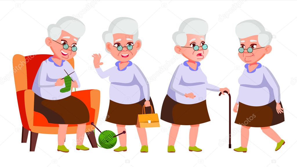 Old Woman Poses Set Vector. Elderly People. Senior Person. Aged. Funny Pensioner. Leisure. Postcard, Announcement, Cover Design. Isolated Cartoon Illustration