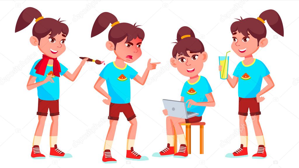 Girl Schoolgirl Kid Poses Set Vector. High School Child. School Student. Graduation, Homework, Teacher. For Banner, Flyer, Web Design. Isolated Cartoon Illustration