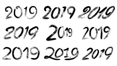 2019 işareti vektör ayarlayın. Grunge hat. Yeni Yılınız Kutlu Olsun. Vintage fırça yazı. Afiş, Poster, kart, broşür tasarımı. Beyaz arka plan illüstrasyon izole siyah numaraları