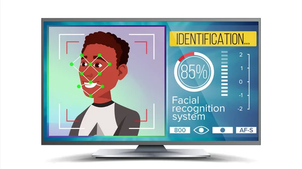 Reconocimiento facial, Vector del sistema de identificación. Tecnología de reconocimiento facial. Cara afroamericana en pantalla. Cara humana con polígonos y puntos. Escanear ilustración de seguridad — Vector de stock