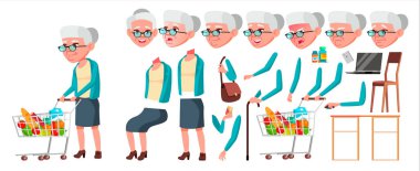 Old Woman Vector. Senior Person Portrait. Elderly People. Aged. Animation Creation Set. Face Emotions, Gestures. Beautiful Retiree. Life. Print Design. Animated. Isolated Cartoon Illustration clipart