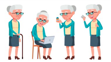 Yaşlı kadın Set vektör teşkil etmektedir. Yaşlı insanlar. Üst düzey kişi. Yaşlı. Beyaz emekli. Gülümse. Web, Poster, kitapçık tasarımı. İllüstrasyon izole karikatür