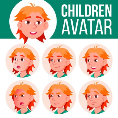 Oğlum Avatar çocuk vektör ayarlayın. Lise. Yüz duygular. Duygu, duygusal. Gezi, gülümseme. Karikatür Head illüstrasyon