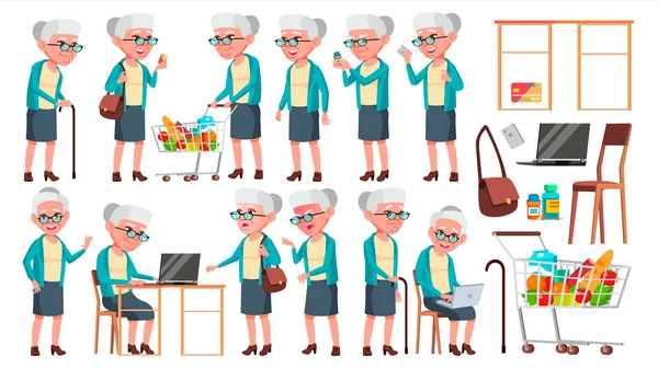 Old Woman Poses Set Vector. Elderly People. Senior Person. Aged. Cute Retiree. Activity. Advertisement, Greeting, Announcement Design. Isolated Cartoon Illustration — Stock Vector
