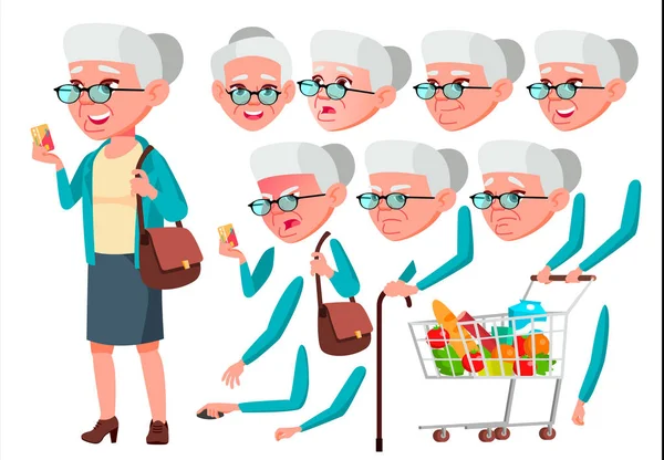 Anciana Vector. Persona mayor. Ancianos, personas mayores. Persona positiva. Emociones faciales, varios gestos. Conjunto de Creación de Animación. Ilustración plana aislada del carácter de la historieta — Archivo Imágenes Vectoriales