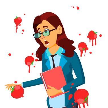 Business Woman Having Tomatoes From Crowd. Fail Speech Vector. Unsuccessful Presentation. Bad Public Speech. European. Isolated Illustration clipart