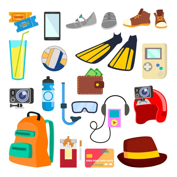 Travel Icons Vector. Summer Time. Holidays, Vacation. Tourism Items, Objects. Isolated Flat Cartoon Illustration — Stock Vector