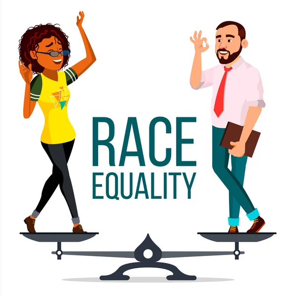 Race Equality Vector. Sur Scales. Personnes Différentes races et couleurs de peau Égalité des droits. Illustration de dessin animé plat isolé — Image vectorielle