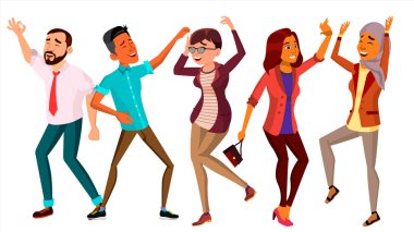 İnsanlar dans vektör ayarlayın. Mutlu dansçı teşkil etmektedir. Retro disko parti. Düz çizgi film illüstrasyon izole