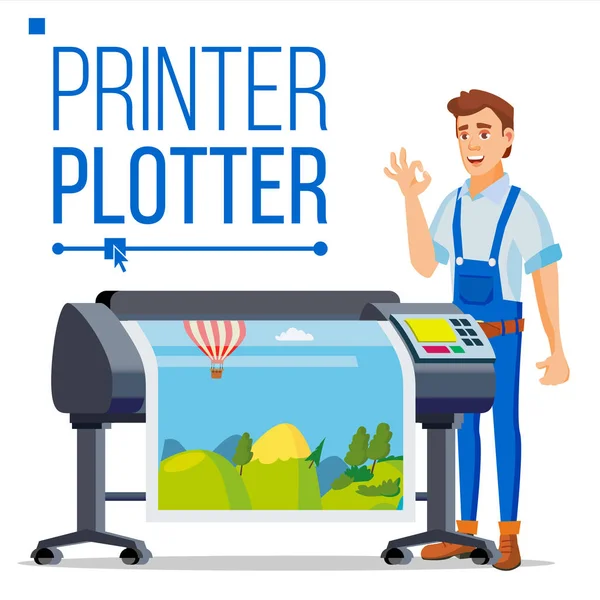 Arbeiter mit Plottervektor. Mann. druckt schönes Bild, Banner. Druckservice. isolierte flache Cartoon-Illustration — Stockvektor