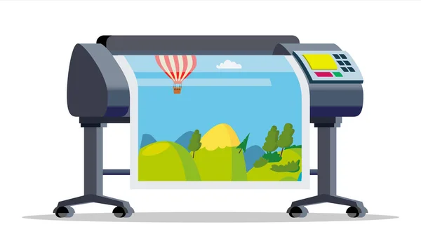 플로터, 프린터 벡터 대형 다기능 프린터입니다. 다 원 기록 법, Printshop 서비스. 플랫 만화 삽화를 절연 — 스톡 벡터