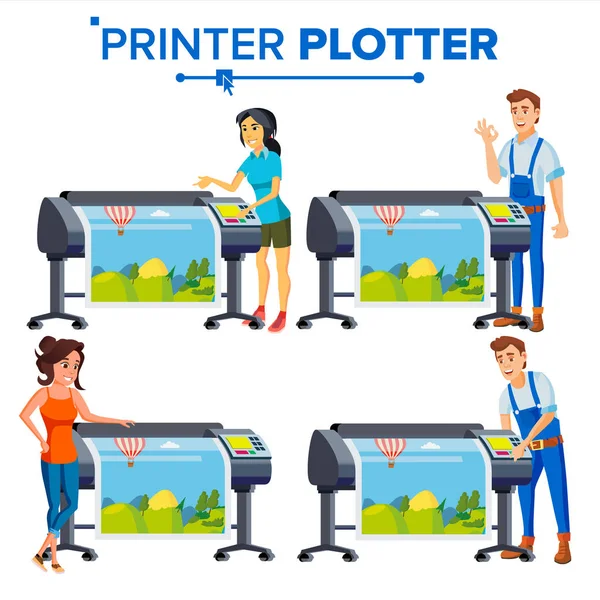 Trabalhadores com Plotter Set Vector. Mulher, meu. Imprime imagem bonita, bandeira. Serviço de impressão. Impressora Multifuncional de Grande Formato. Poligrafia. Látex a cores, impressora a laser. Impressora. Ilustração — Vetor de Stock