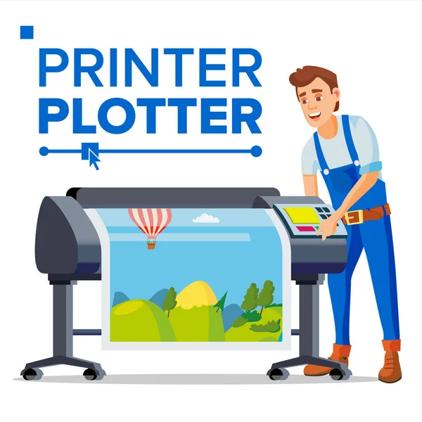 Trabajador con vector de plotter. ¡Hombre! Impresora multifunción de gran formato. Servicio Poligráfico. Ilustración plana aislada de la historieta — Vector de stock