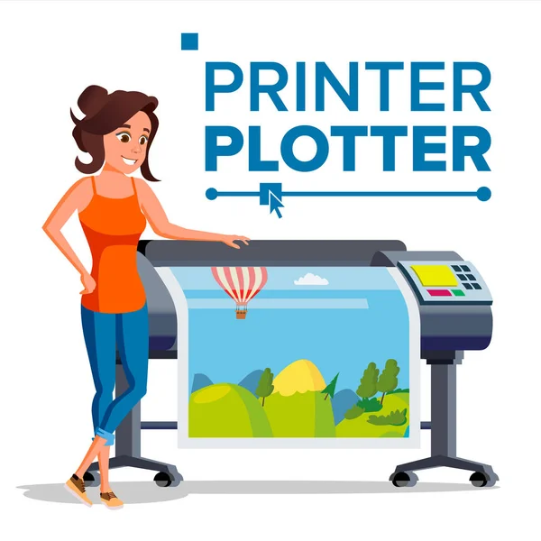 Worker With Plotter Vector. Woman. Prints Beautiful Picture, Banner. Print Service. Isolated Flat Cartoon Illustration — Stock Vector