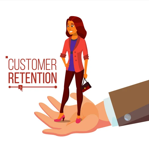 Customer Retention Vector. Businessman Hand With Woman Client. Customer Care. Save Loyalty. Support And Service. Flat Cartoon Illustration — Stock Vector