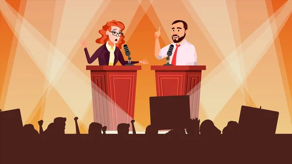 Political Meeting Vector. Debates Concept. Leading Presentation. Tribune. Candidate Speech. People Crowd With Support Banners. Flat Cartoon Illustration — Stock Vector