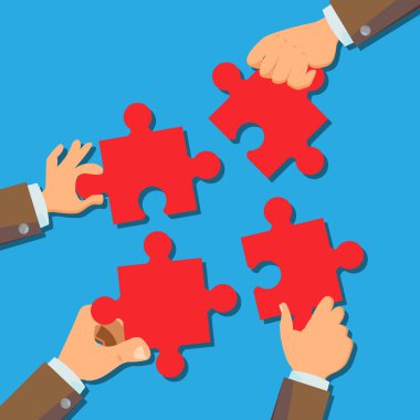 Çözüm kavramı vektör. İşadamı bağlantı Puzzle parçaları eller. Başlangıç başarılı lansman. İş, kafa karıştırıcı çözme. Düz çizgi film illüstrasyon
