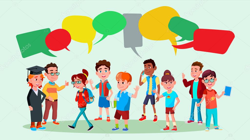 Group Of Pupils Vector. School. Discussing. Brainstorming. Talking Communication. Mix Race. Chat Bubbles. Flat Cartoon Illustration