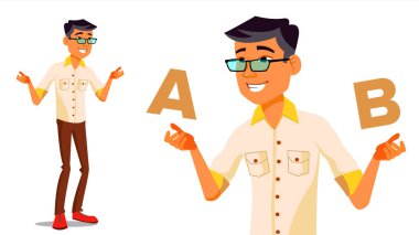 Asya adam A B vektör ile karşılaştırma. İyi fikir. Bir denge taşıyan. Blogger İnceleme. Karşılaştırmak ve seçin. Düz çizgi film illüstrasyon izole