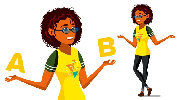 Donna afro-americana che confronta A con B Vector. Equilibrio della mente e delle emozioni. Scelta del cliente. Confronta Oggetti, modi, idee. Illustrazione del fumetto piatto isolato — Vettoriale Stock